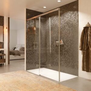 Mampara de ducha BASIC rectangular 2 fijos - 1 puerta 150 cm x 15 cm según plato de ducha  CROMO