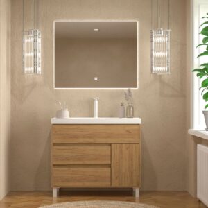 Mueble de baño CARMEN 100 cm con patas 3 cajones/ 1 puerta ROBLE CLARO - Encimera resina 100 cm blanco - Columna con patas 195x50x32 ROBLE CLARO