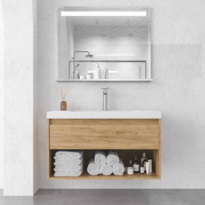 Mueble de baño CARMEN  suspendido  2 cajones / 1 hueco  BLANCO MATE 139 cm  entre paredes x 43 cm fondo  - Lavabo SOLID SURFACE 1 senos con agujero griferia blanco  mate - Grifo lavabo GLORY cromo - Valvula click clack cromo
