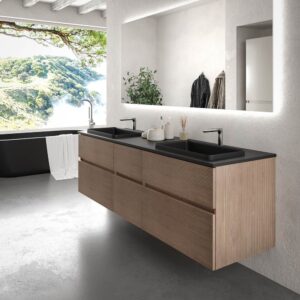 Mueble de baño DUNE suspendido 6 cajones 170 cm BASTILLA -  Encimera SOLID SURFACE 2 senos agujero griferia lavabo encastrado blanco - Columna con patas 185x50x25 4 puertas BASTILLA
