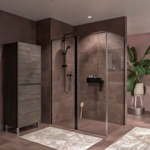 Mampara de ducha OPEN rectangular 2 fijos - 1 puerta abatible ( puerta 65 cm )  90 cm x 80 cm  NEGRO MATE