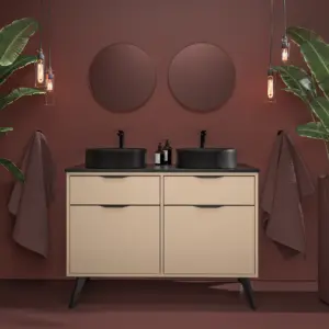 Mueble de baño KLUM 130 cm 2 senos ral 5024 con tiradores inoxmate. Tapa-Lavabos-Patas blanco mate - Copete en U  130x45 blanco mate 2x3 - Valvula click clack blanco ( 2 uds )