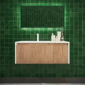 Mueble Cembrano de 110 ancho x 45 profundidad, con dos cajones, tapa del mismo acabado de madera, pero lisa, para poner un lavamanos sobre encimera del cliente de medida 60 x 37 prof.