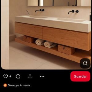 Mueble de baño suspendido 2 cajones 150 cm x 40 cm  ROBLE OSCURO - Estante inferior 150 cm ROBLE OSCURO  - Encimera SOLID SURFACE 2 lavabos con faldón 20 cm agujeros griferia BLANCO  ( 1 toma puesta)