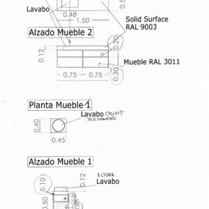 Mueble de baño DUNE 2 cajones roble claro  50 cm x 40 cm ( arriba liso - abajo palilleria ) - tapa con lavabo OSIRIS sin agujero griferia 3011 ( ver tema tapeta puerta ) - Mueble de baño DUNE 150cm 4 cajones ( 20 cm superior - 30 cm inferior ) ral 3011 - Encimera SOLID SURFACE  con faldón 12 cm blanco lavabo desplazado izda.