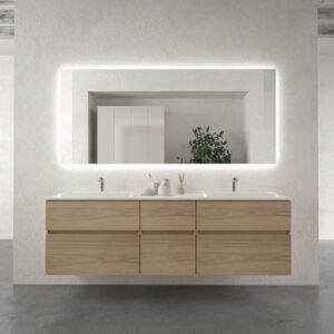 Mueble de baño DUNE  6 cajones 170 cm ROBLE ULLOA - Encimera SOLID SURFACE 2 senos blancos lavabo semiencastrado - Grifo lavabo GLORY  negro ( 2 uds ) - Espejo ANGELO 170x85 luz fria  con antivaho y espejo aumento leds lado izda. / doble touch