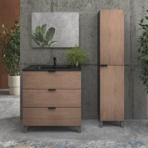 Mueble de baño LUXOR 3 cajones 100 cm roble ulloa / alcatraz - Lavabo porcelana blanco 100 cm - Columna suspendia 2 puertas 120x35x25 roble ulloa/alcatraz