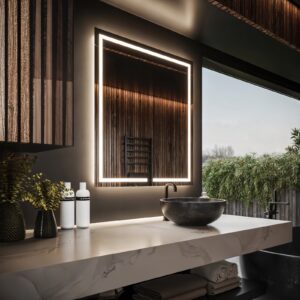 Espejo con luz 200 ancho X 80 alto,  luz frontal / luz trasera Con triple touch para bluetooth, 3 láminas antivaho, y aumento led luz neutra. Y display hora temperatura con doble touch para luz frontal neutra, y para luz ambiental neutra