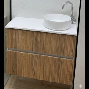 Mueble de baño VITO suspendido 100 cm 2 cajones acabado ALCATRAZ - Tapa solid surface blanco con agujeros lavabo/griferia - Lavabo Osiris solid surface blanco colocado lado derecho